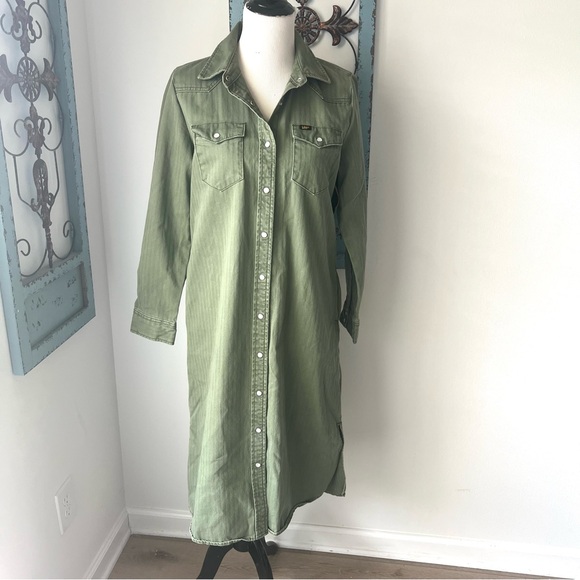 Lee Vintage Modern Olive Green Snap Front Denim Shirt Dress, NWT - Picture 1 of 14